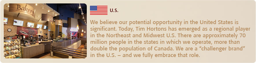 We believe our potential opportunity in the United States is significant. Today, Tim Hortons has emerged as a regional player in the Northeast and Midwest U.S. There are approximately 70 million people in the states in which we operate, more than double the population of Canada. We are a “challenger brand” in the U.S. – and we fully embrace that role. 